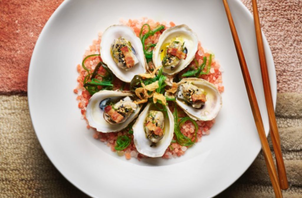 Asian-Inspired Shucked Oysters, Dragon Fruit Salad, Nueske Bacon & Mustard Dressing