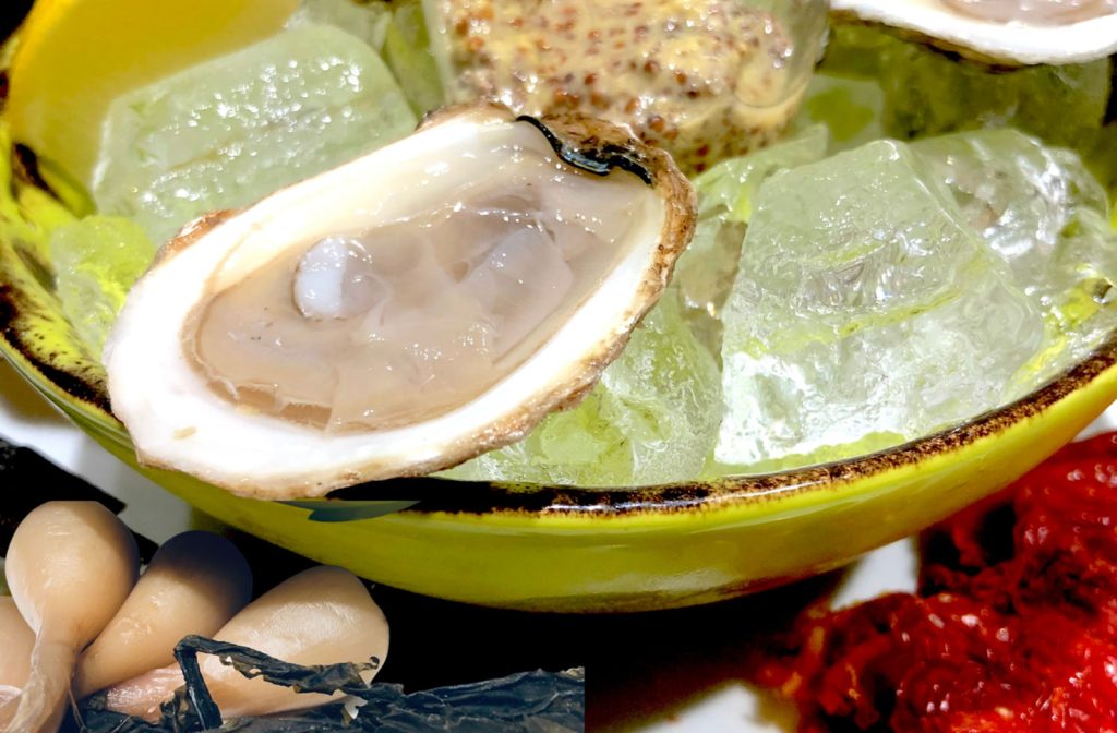 Oysters on Crushed Ice, Pickled Ramps, Dried Tomatoes, Bagel Chips, Beer Mustard Emulsion